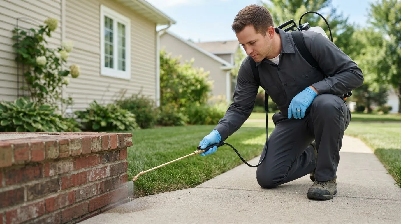 Pest control technician treating a home near La Vergne, TN